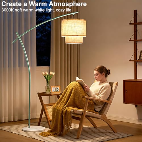 Lightdot Arc Floor Lamp, Modern Standing Lamps with Double Linen Lampshade - color: Fabric-Green