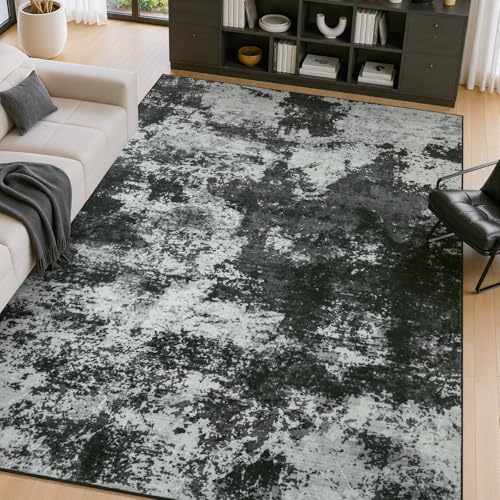Merelax 5x7 Back Grey Washable Area Rug Non-Slip Faux Wool Abstract Rug - color: Black Grey, size: 5' x 7'(60''x84'')