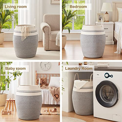 OIAHOMY 105L Laundry Hamper Cotton Rope Large Clothes Hamper White & Grey - color: White & light grey