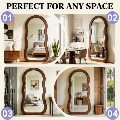71"x33.5" Wavy Full Length Mirror with 3-Layer Solid Wood Frame - color: Walnut Wavy Frame, size: 71"L x 33.5"W