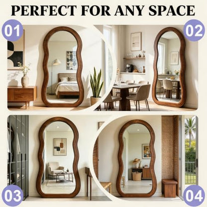 71"x33.5" Wavy Full Length Mirror with 3-Layer Solid Wood Frame - color: Walnut Wavy Frame, size: 71"L x 33.5"W
