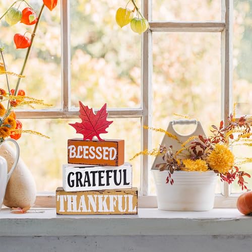 OLANRUN Thanksgiving Fall Decorations for Home, 4 PCS Wooden Fall Table Decor with Letter, Handmade Crafts Autumn Thanksgiving Decor Indoor for Office Farmhouse Home Bedroom Kitchen Mantel Tiered Tray - style: FALL - Maple Leaves