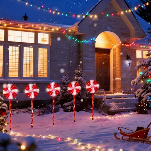 BRIGHTDECK 5 Pack Solar Christmas Pathway Lights, Red Lollipop Stakes - color: Red, size: 5Pack