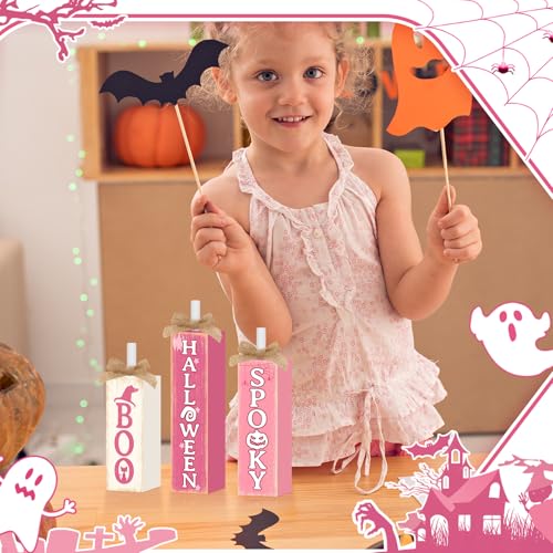 Britimes Pink Ghost Tray Decor, 3 Pack, Wooden Table Signs - style: Pink Halloween