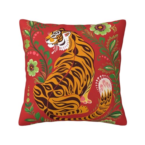 Tiger Folk Art Red Velvet Throw Pillow Covers 18x18Inch - color: Color-8, size: 18" x 18" (Pack of 1)