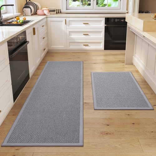 Kitchen Rugs Set of 2 PCS Non Slip Washable Grey 17"x30"+17"x59" - color: Grey, size: 17"x30"+17"x59"