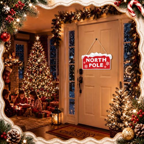 Marsui Christmas Wood Hanging Sign with Jute Rope, North Pole - style: North Pole