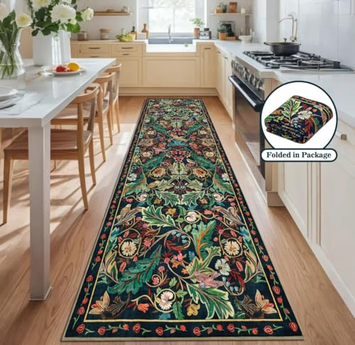 nesrt Boho Washable 3x10 Hallway Runner Rugs, Non Slip Floral Birds Long Kitchen Runners, Soft Jungle Birds Floor Carpet for Entryway, Low Pile Decor Rug for Hall Laundry Bedroom Bathroom (Dark Green) - color: Dark Green, size: 3' x 10' (Rectangular)