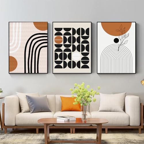 QKF 3Pcs Black Brown Boho Abstract Geometric Line Framed Canvas Wall Art - color: Brown Black And White, size: 16" X 24" X 3 pieces