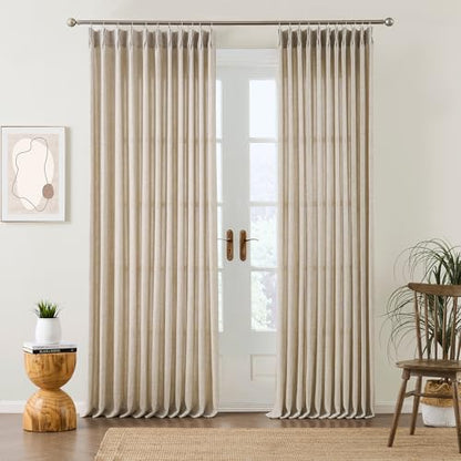RAIN CITY Beige Sheer Pinch Pleated Curtains 84 Inches Long 2 Panels,Back Tab Pleated Drapes Hooks Thick Linen Textured Boho Farmhouse Curtain for Dining Bedroom 70 Inch Wide Each Panel - color: Beige, size: 70"W x 84"L (Pack of 2)