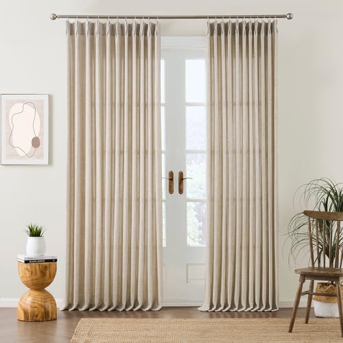 RAIN CITY Beige Sheer Pinch Pleated Curtains 84 Inches Long 2 Panels,Back Tab Pleated Drapes Hooks Thick Linen Textured Boho Farmhouse Curtain for Dining Bedroom 70 Inch Wide Each Panel - color: Beige, size: 70"W x 84"L (Pack of 2)