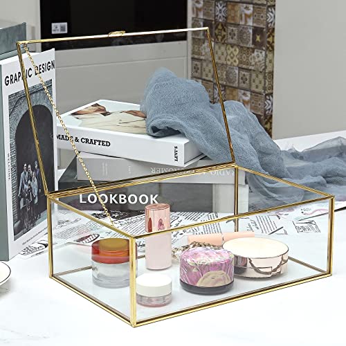 Glass Jewelry Display Box, Card Box with Hinged Lid, Gold Keepsake Box - color: Gold, size: Large