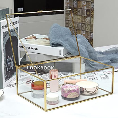 Glass Jewelry Display Box, Card Box with Hinged Lid, Gold Keepsake Box - color: Gold, size: Large