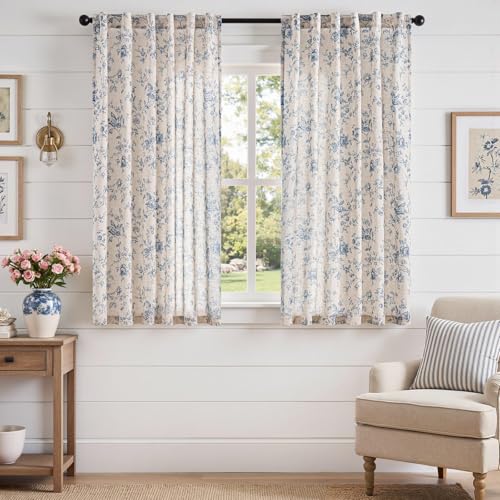 jinchan Linen Curtains 63 inch Blue Floral Farmhouse Rod Pocket 2 Panels - color: Amlie Blue, size: 50"W x 63"L (Pack of 2)