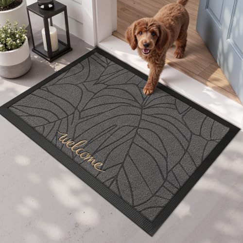 LUMI Outside Welcome Door Mat 24x36, Non-Slip Heavy Duty Dirt Trapper, Grey - color: Grey Gold Monstera, size: 24"x36"