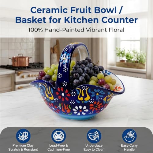 Ceramic Candy Dish, Small Fruit Basket with Handle, Key Holder, Decor Bowl - color: Cobalt Blue Embossed