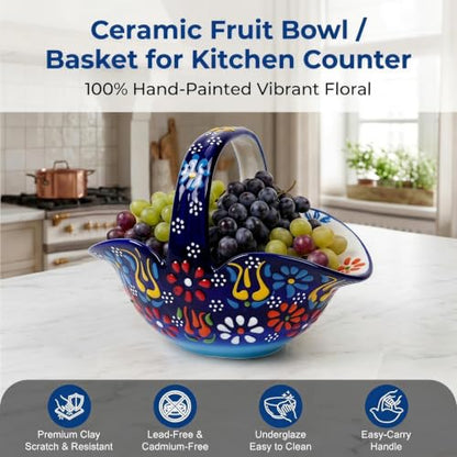 Ceramic Candy Dish, Small Fruit Basket with Handle, Key Holder, Decor Bowl - color: Cobalt Blue Embossed