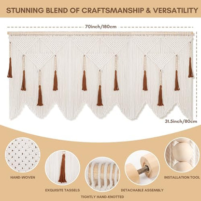Large Macrame Wall Hanging, Boho Woven Tapestry with Wood Bead Tassel - size: Large