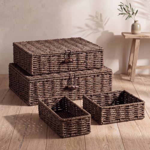 Newtay Set of 4 Woven Wicker Storage Baskets with Lids, Decorative Storage Boxes Lidded Rattan Organizer Bin Home Decor for Shelf, Coffee Table, Closet, Bathroom, Living Room - color: Brown
