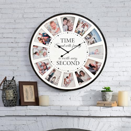 Large Wall Clock with Picture Frames Collage, Vintage Rustic Clock Wall Decor, Big Farmhouse Wall Clock for Home, Kitchen, Living Room, Silent Battery Operated 24 Inch White - color: A - White