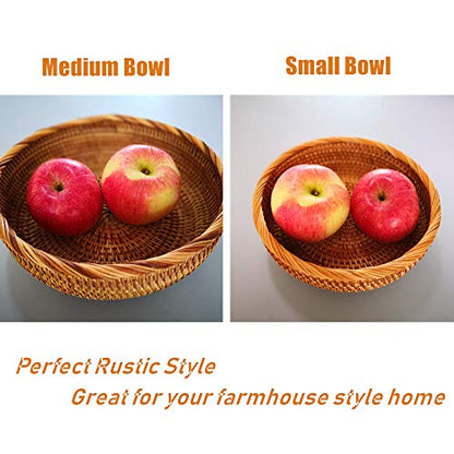 Set of 2 Round Rattan Bowl Baskets, 8 9 Inch Handmade Wicker Basket Tray with 3”Deep Wall, Decorative Woven Brown Bread Basket Fruit Bowl Table Key Holder, 2-Size - size: 2-Size Kit (Includes 8" & 9")
