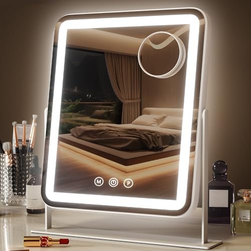Saliwa Vanity Mirror with Lights, 16.3" x 13" Lighted Makeup Mirror with 3 Color Lights, Stepless Dimming, 5X Magnifying Mirror for Desk & Bedroom, 360° Rotation, Gift for Women, Mom, Daughter - size: 16.3"L x 13"W