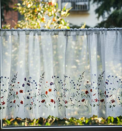 KFL027 Sheer Embroidery Pastoral Style cafecurtain, White Sheer Tiers for Windows 2 Panels (Wild Flower, W30 XL24 X2 Tiers) - size: 30"W x 24"L (Pack of 2)
