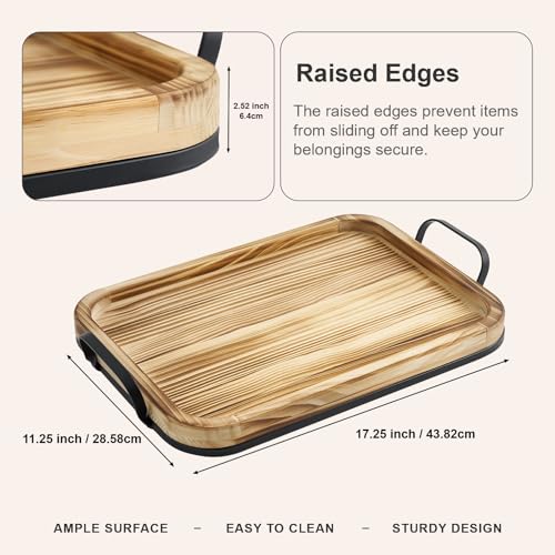 17In Wood Serving Tray with Metal Handles, Rectangular Ottoman Tray - size: 17.3" x 11.3" x 2.5"
