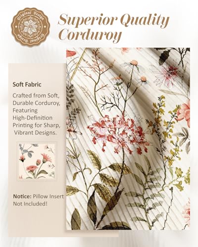 Corduroy Throw Pillow Covers 18x18 - Set of 2 Decorative Spring Pillow Covers with Zipper Farmhouse Decor Cottage Throw Pillowcases for Couch Sofa Living Room Home Bedroom, PK Floral - color: Floral, size: 18" x 18" (Pack of 2)