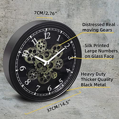 CLXEAST 15 Inch Industrial Steampunk Moving Gear Wall Clock for Home Office - color: Matte Black, size: 15 Inch