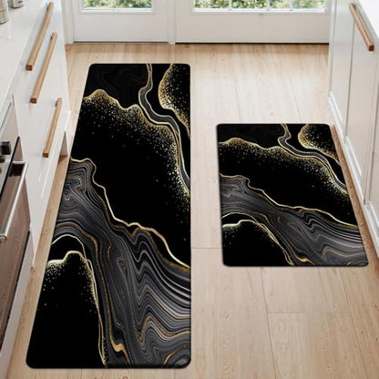 Kitchen Mats Set of 2, Cushioned Anti Fatigue Non Slip Waterproof Runner, Black and Gold Marble Design, PVC Memory Foam, 17.3"x47" and 17.3"x29" Rectangle Rugs for Kitchen Sink and Laundry - color: Black Marble 4