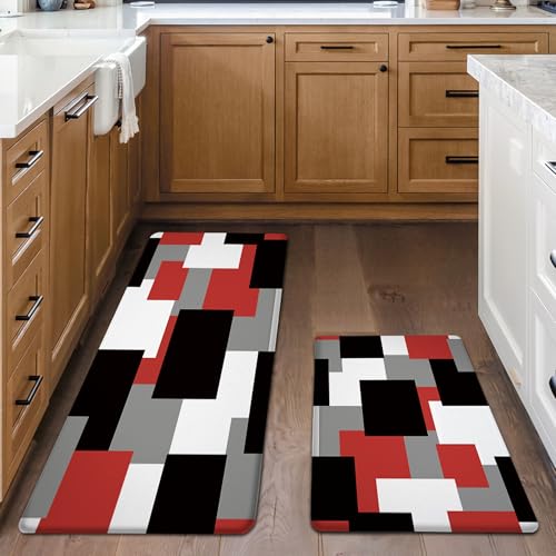 Tyrot Red Black Kitchen Rugs Set of 2 Cushioned Anti Fatigue Kitchen Mats for Floor Non-Slip Waterproof Kitchen Floor Mats Geometric Ergonomic Cushioned Comfort Standing Mat for Laundry, Office, Sink - color: Red