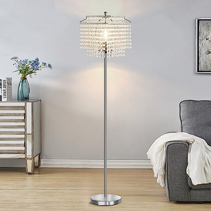 Luvkczc Crystal Floor Lamp, 64" Tall Modern Standing Lamps with Double-Layer Lampshade, On-Off Foot Switch, Silver Finish Pole Lamp for Living Room, Bedroom, Office, 8W Bulb Included - color: Silver