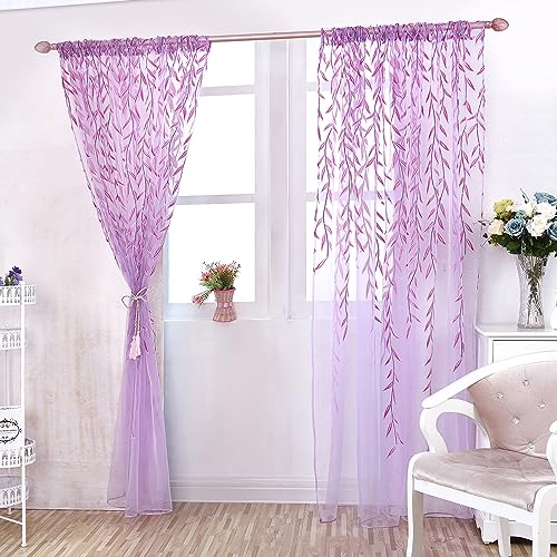 Ufurty 2pcs Willow Leaf Window Curtain Voile Tulle Sheer Vine Curtains - color: Purple Leaf, size: 39.4"W x 78.7"L (Pack of 2)
