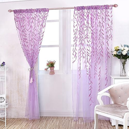 Ufurty 2pcs Willow Leaf Window Curtain Voile Tulle Sheer Vine Curtains - color: Purple Leaf, size: 39.4"W x 78.7"L (Pack of 2)