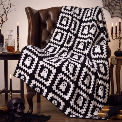 Halloween Ghost Granny Square Blanket Reversible Boo Knit Throw Blankets - color: Black and White, style: Halloween Ghosts