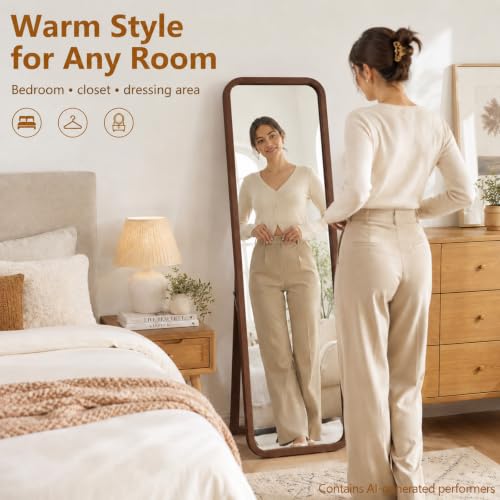 Anwick Full Length Floor Mirror Wood Frame Standing Mirror Walnut 63 in - color: Walnut