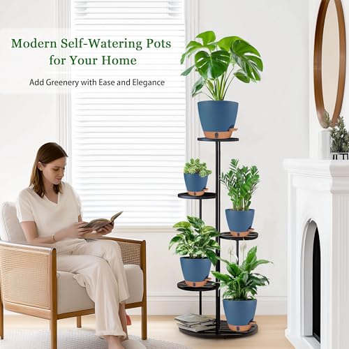 Self Watering Pots for Inoor Ourdoor Plants 8/7/6.5/6/5" Plastic Planters - color: Navy Blue, size: 8/7/6.5/6/5 Inch