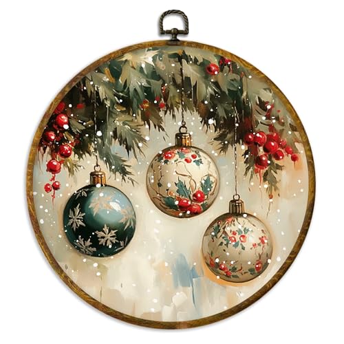 XPH Vintage Christmas Bauble Ball Round Wall Art Framed, Rustic Christmas Circle Wall Decor, Retro Farmhouse Xmas Cozy Winter Hanging Canvas Prints for Home Bedroom Living Room Decoration, 10x10 Inch - color: Christmas 07