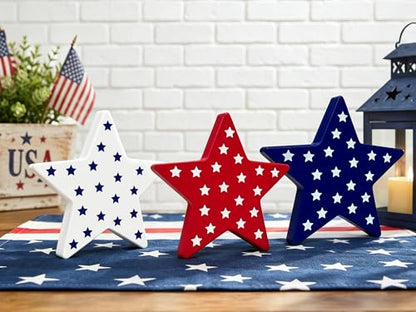 4th of July Table Decorations 3 PCS, Fourth of July Red White Blue Wooden Star Decor Centerpiece for Indoor Home, 250th Anniversary Memorial Day Patriotic Gift Sign for Mantel Office Tiered Tray Party - style: Wooden Stars