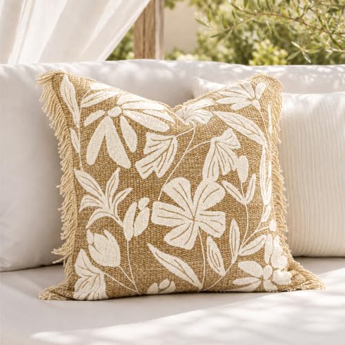BlissBlush Throw Pillow Cover 20x20 Inch Indoor Outdoor, Jute-Look Floral Tufted Decorative Accent Pillow Case for Patio Sofa Couch Living Room, Cover Only - color: Jute Inspired, size: 20" x 20" (Pack of 1)