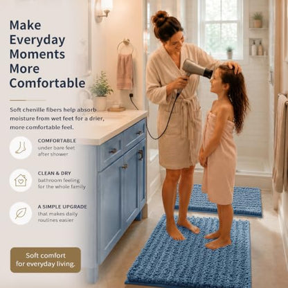 Yimobra Bathroom Rug Set 3 Piece, Super Absorbent Bath Mat Set, Denim Blue - color: Denim Blue, size: 24"x17" + 24"x20" + 30"x20"