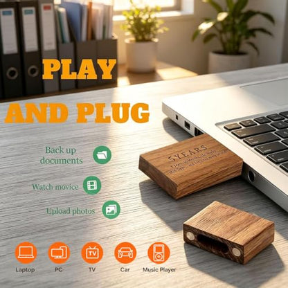 Wood USB Flash Drive 32GB USB3.0 with Gift Box for 5 Year Anniversary - color: Walnut(ANN5 Block USB+box-L), size: 32GB-3.0
