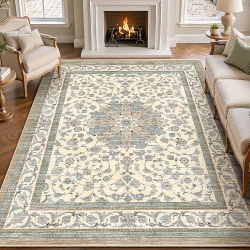 Arenarug 5x7 Washable Area Rug, Non Slip Living Room Rugs Distressed Boho Floral Rug, Soft Low Pile Indoor Carpet for Bedroom, Dining Room, Home Office, Cream Blue - color: Cream Blue, size: 5' x 7' (Rectangular)