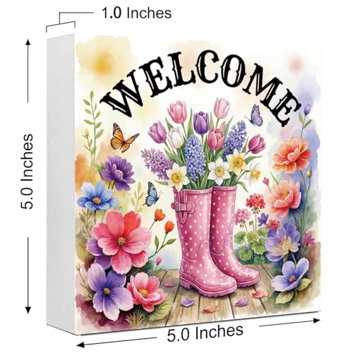 Welcome Sign Spring Flowers Wooden Box Sign, Spring Decorations for Home Office Bathroom Kitchen Rustic Wood Block Signs for Desk Shelf Table Decor - color: Welcome5