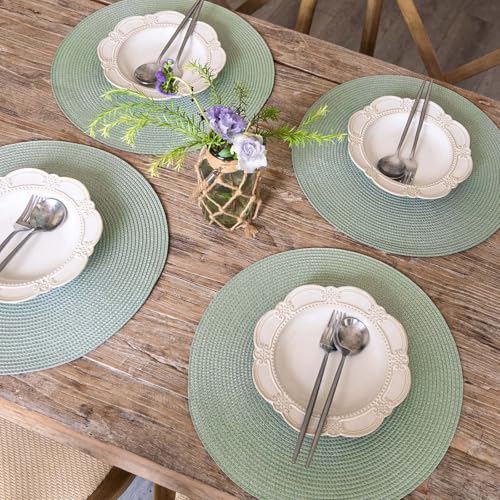 FunWheat Round Braided Placemats Set of 6 Place Mats for Dining Tables Woven Washable Non-Slip Table mats 15 inch(Fog Green, 6pcs) - color: Fog Green, size: Set of 6