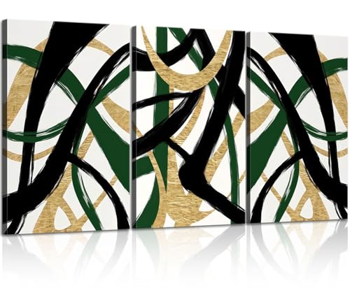 3 Pcs Framed work Abstract Lines Canvas Wall Art Modern Black, Green, Gold Geometric Brushwork Prints Posters Abstract Line Images Framed gallery packaging artwork for living room prints bedroom office and home decor 16X24Inch - color: Golden abstract lin
