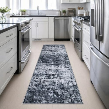 2.6x10 Washable Runner Rug:Modern Abstract Indoor Carpet Black - color: Black, size: 2'6" x 10' (Rectangular)