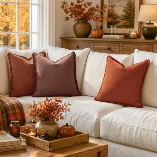MIULEE Linen Fringe Decorative Fall Throw Pillow Covers Autumn Glaze 18x18 - color: Autumn Glaze, size: 18" x 18" (Pack of 2)