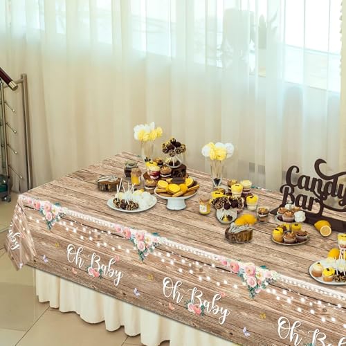 Tevxj 3 Pieces Wood Baby Shower Tablecloth Oh Baby Lace Rustic Floral Party Plastic Table Covers for Girl and Boy Floral Theme Party Decorations Supplies 54X108inch - style: Oh Baby